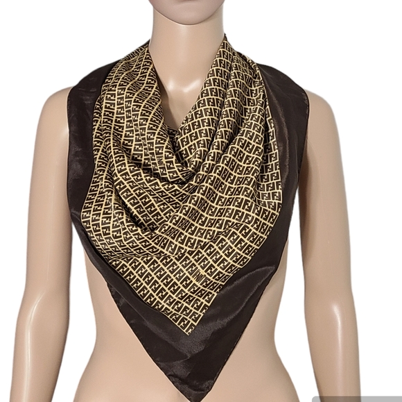 Vintage Fendi Zucca 100% Silk Scarf FF Logo Print Large Square Scarf Sz 34"×34" - Picture 2 of 14